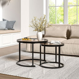 Living And Home Black Round Glass Nesting Coffee Table Set Nest Of Table End Table - thumbnail 1