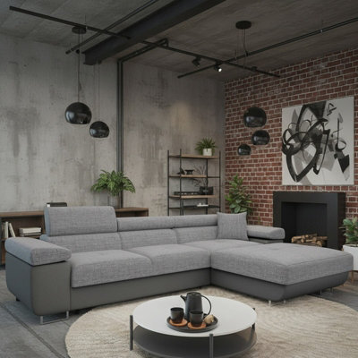 Torezio Mini L Shaped Sofa Bed With Adjustable Headrests Storage Dolfn Mechanism 280X170X70-90Cm Grey And Grey Melange Right - image 1