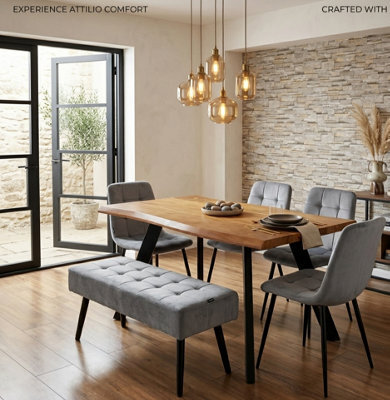 Doubs Dining Table For 6, 120Cm Natural Wood Dining Table Set With 4 Grey Velvet Chairs And 1 Bench - image 1