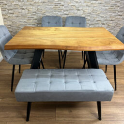 Doubs Dining Table For 6, 120Cm Natural Wood Dining Table Set With 4 Grey Velvet Chairs And 1 Bench - thumbnail 5