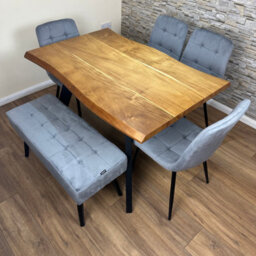 Doubs Dining Table For 6, 120Cm Natural Wood Dining Table Set With 4 Grey Velvet Chairs And 1 Bench - thumbnail 2