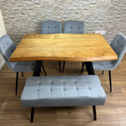 Doubs Dining Table For 6, 120Cm Natural Wood Dining Table Set With 4 Grey Velvet Chairs And 1 Bench - thumbnail 3