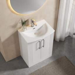 Balterley Belvide Partial Fluted 2 Door Floor Standing Vanity Unit With 1 Tap Hole Curved Basin- 600mm - Satin White - thumbnail 5