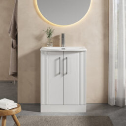 Balterley Belvide Partial Fluted 2 Door Floor Standing Vanity Unit With 1 Tap Hole Curved Basin- 600mm - Satin White - thumbnail 2