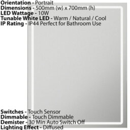 500 X 700mm Ip44 Led Bathroom Mirror Cabinet With Touch Demister And Built-In Shaver Socket - thumbnail 3