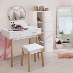 Alivio Dressing Table Set Round Mirror With Led Lights & Cushioned Stool - thumbnail 2