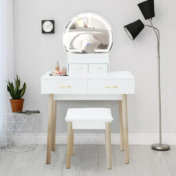 Alivio Dressing Table Set Round Mirror With Led Lights & Cushioned Stool - thumbnail 1