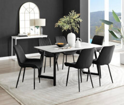 Furniturebox Carson 6 Seater White Marble Effect Rectangular Scratch Resistant Dining Table With 6 Black Pesaro Velvet Black Leg Chairs