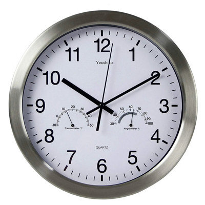 Youshiko Large Bold Quartz Metal Wall Clock With Temperature & Humidity, 12'' Non Ticking Silent Sweeping Seconds - image 1