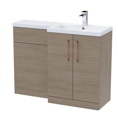 Balterley Right-Hand Bathroom Vanity And Wc Unit Combination With Basin - 1100mm - Woodgrain Mid Oak With Copper Handles