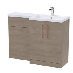 Balterley Right-Hand Bathroom Vanity And Wc Unit Combination With Basin - 1100mm - Woodgrain Mid Oak With Copper Handles - thumbnail 1