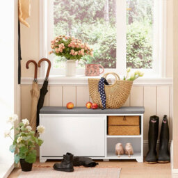 Sobuy Fsr119-W, Hallway Shoe Bench Shoe Cabinet With Seat Cushion And Flip-Drawer,white,w90Xd24Xh47 - thumbnail 2