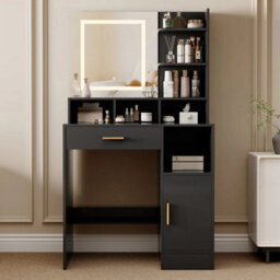 Black Dressing Table W/mirror, Drawers, Led Lights, Shelves And Open Compartments