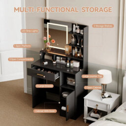 Black Dressing Table W/mirror, Drawers, Led Lights, Shelves And Open Compartments - thumbnail 3