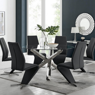 Furniturebox Uk Vogue Large Round Chrome Metal Clear Glass Dining Table And 6 Black Willow Dining Chairs Set - image 1
