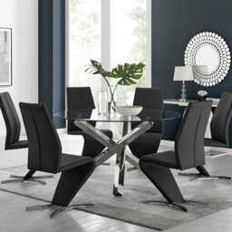 Furniturebox Uk Vogue Large Round Chrome Metal Clear Glass Dining Table And 6 Black Willow Dining Chairs Set - thumbnail 1
