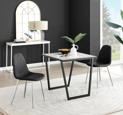 Furniturebox Uk Carson White Marble Effect Square Dining Table & 2 Black Corona Silver Chairs - image 1