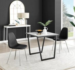 Furniturebox Uk Carson White Marble Effect Square Dining Table & 2 Black Corona Silver Chairs