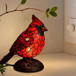 Amorly Stained Glass Style Cardinal Lamp, Resin Red Bird Small Desk Lamp, Christmas Decorative Night Light For Bedroom, Office,home Decor - thumbnail 4