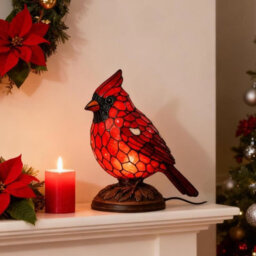 Amorly Stained Glass Style Cardinal Lamp, Resin Red Bird Small Desk Lamp, Christmas Decorative Night Light For Bedroom, Office,home Decor - thumbnail 2