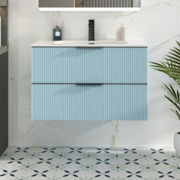 Royal Bathrooms Evora 800mm Powder Blue Fluted Wall Hung Bathroom Vanity Unit 2 Drawer Cabinet Storage With Ceramic Basin & Matt Black Handles