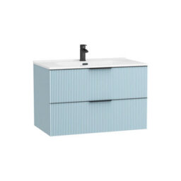 Royal Bathrooms Evora 800mm Powder Blue Fluted Wall Hung Bathroom Vanity Unit 2 Drawer Cabinet Storage With Ceramic Basin & Matt Black Handles - thumbnail 5