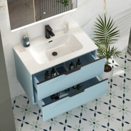 Royal Bathrooms Evora 800mm Powder Blue Fluted Wall Hung Bathroom Vanity Unit 2 Drawer Cabinet Storage With Ceramic Basin & Matt Black Handles - thumbnail 3