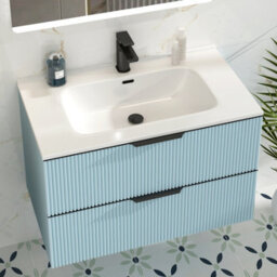 Royal Bathrooms Evora 800mm Powder Blue Fluted Wall Hung Bathroom Vanity Unit 2 Drawer Cabinet Storage With Ceramic Basin & Matt Black Handles - thumbnail 4