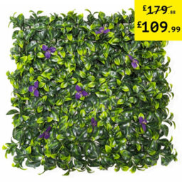 Pack Of 12 Best Artificial Laurel Leaf & Purple Flowers Hedging Mats 50Cm X 50Cm (3 Square Metres) Privacy Garden Screen