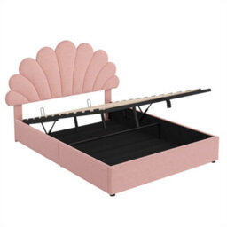 Abrihome Upholstered Hydraulic Bed, 4Ft6 Double Storage Bed With Customisable Headboard, Pink Velvet On Wood Slats - thumbnail 6
