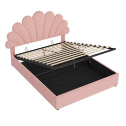 Abrihome Upholstered Hydraulic Bed, 4Ft6 Double Storage Bed With Customisable Headboard, Pink Velvet On Wood Slats - thumbnail 7