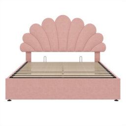 Abrihome Upholstered Hydraulic Bed, 4Ft6 Double Storage Bed With Customisable Headboard, Pink Velvet On Wood Slats - thumbnail 5
