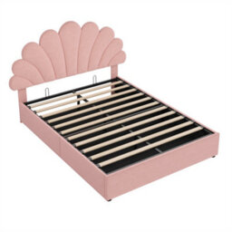 Abrihome Upholstered Hydraulic Bed, 4Ft6 Double Storage Bed With Customisable Headboard, Pink Velvet On Wood Slats - thumbnail 8