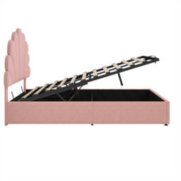 Abrihome Upholstered Hydraulic Bed, 4Ft6 Double Storage Bed With Customisable Headboard, Pink Velvet On Wood Slats - thumbnail 9