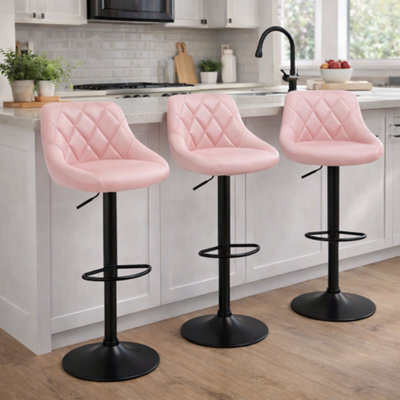 Mof Adjustable Bar Stools Set Of 3, Pink Faux Leather, Quilted Diamond Pattern, Swivel Counter Height Chairs With Footrest