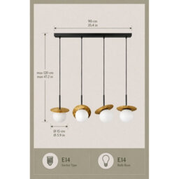 Luminosa Lighting Luminosa Aura Bar Pendant Ceiling Light Black, Gold White Glass Shade 4X E27 - thumbnail 4