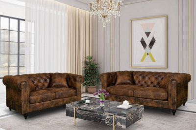 Suede Brown Faux Leather 3 + 2 Seater Chesterfield Sofa Set For Living Room Camden - image 1