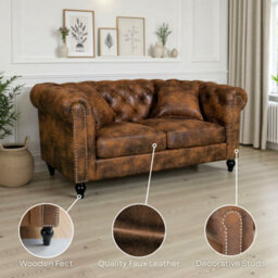 Suede Brown Faux Leather 3 + 2 Seater Chesterfield Sofa Set For Living Room Camden - thumbnail 9