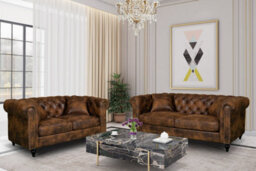 Suede Brown Faux Leather 3 + 2 Seater Chesterfield Sofa Set For Living Room Camden - thumbnail 1