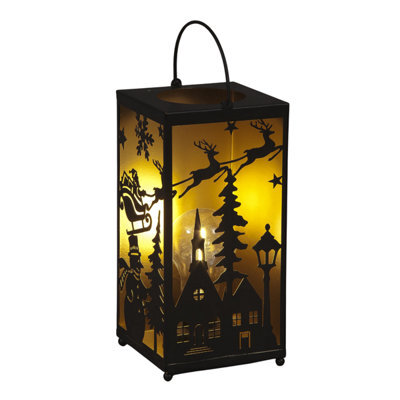 Snowtime 24Cm Metal Lantern With Santa Sleigh Scene Warm Led Light Christmas Décor - image 1