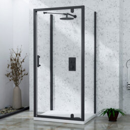 Royal Bathrooms Milan 760 X 800mm Matt Black Rectangular Pivot Door 3-Sided Shower Enclosure With Side Panels 6mm Tempered Glass - thumbnail 1