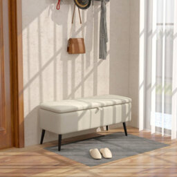 Homcom Storage Ottoman Bench, Linen Fabric Footstool With Steel Legs Cream White