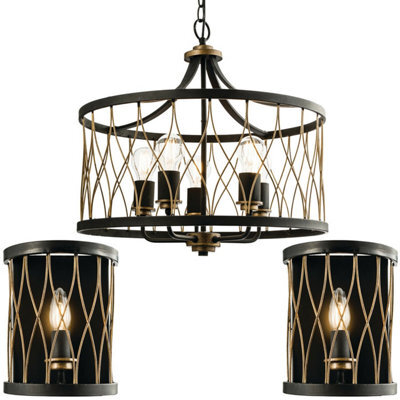 5 Vintage Bulb Ceiling Lamp & 2X Matching Wall Light Bronze & Black Metal Cage - image 1