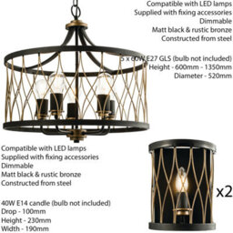 5 Vintage Bulb Ceiling Lamp & 2X Matching Wall Light Bronze & Black Metal Cage - thumbnail 2