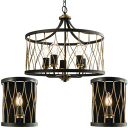 5 Vintage Bulb Ceiling Lamp & 2X Matching Wall Light Bronze & Black Metal Cage