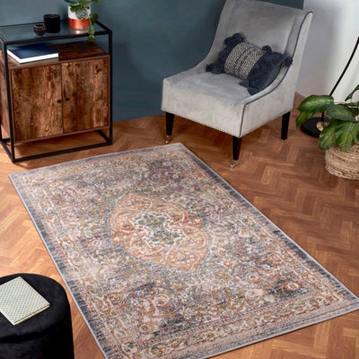 Dark Blue Traditional Easy To Clean Abstarct Floral Rug For Dining Room-80Cm X 150Cm - image 1