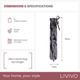 Livivo 2L Extra Long Hot Water Bottle With Soft Removable Faux Fur Washable Cover For Full Body Pain Relief Warmth & Comfort Grey - thumbnail 7
