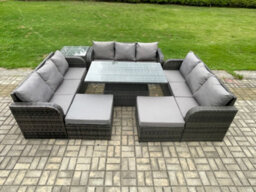 Fimous Garden Dining Sets Outdoor Rattan Furniture Lounge Sofa Height Adjustable Rising Lifting Table