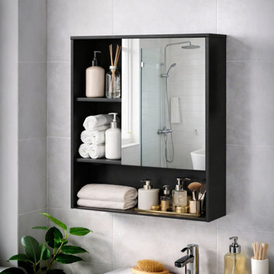 Levede Black Wooden Bathroom Wall Mounted Mirror Cabinet Storage Open Shelf - image 1