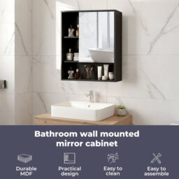 Levede Black Wooden Bathroom Wall Mounted Mirror Cabinet Storage Open Shelf - thumbnail 8